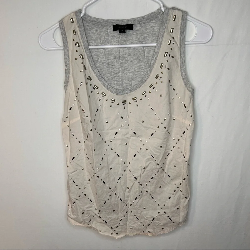 J.Crew Cream Gray Gold Studded Sleeveless Top 100% Cotton Tank Top Size XS
